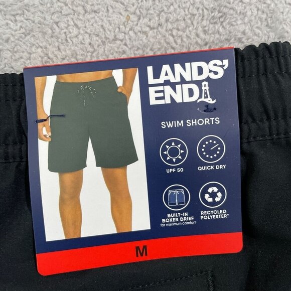 NEW Lands' End Mens M Black Swim Shorts Polyester Built-In Boxer Brief - Picture 5 of 6